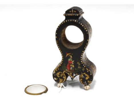 Chinese wooden painted pocket watch stand in the form of a miniature chinoiserie longcase clock, glass face is loose and will