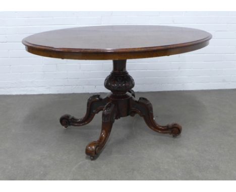 Victorian burr walnut loo / breakfast table, oval top on a carved  column with four scrolling legs, terminating on ceramic ca