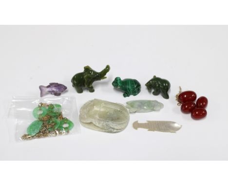 A faux jade necklace, collection of jade and hardstone animals, a soapstone scarab beetle and loose beads, etc (a lot)