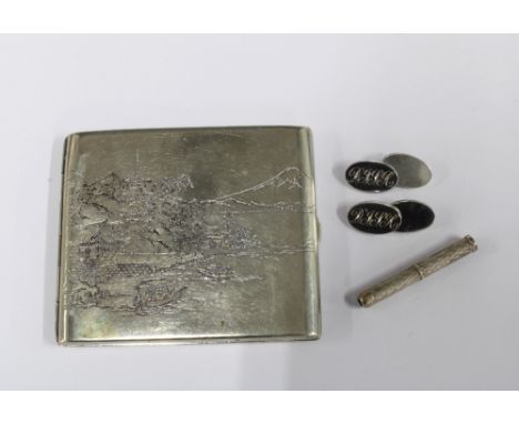 Vintage silver Mount Fuji  cigarette case, stamped STERLING together with a pair of silver cufflinks and a white metal propel