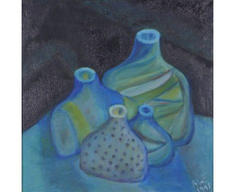 A.L ETTLINGER, CERAMICS ON THE TOP SHELF, oil on canvas, signed and dated 1991, framed and inscribed verso, 29.5 x 29.5cm