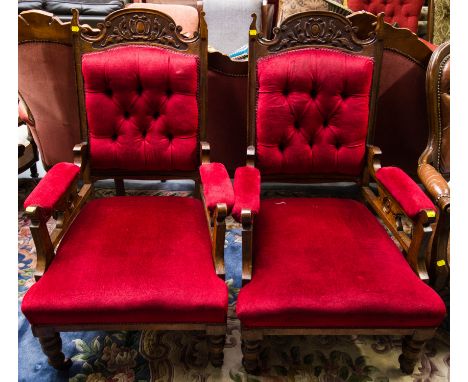 PAIR OF EDWARDIAN BUTTON + CARVED BACK ARM CHAIRS
