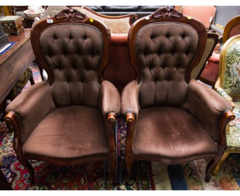 PAIR OF BUTTON BACK ARM CHAIRS