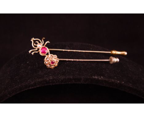 2 9CT GOLD STICK PINS WITH RUBY + PEARL