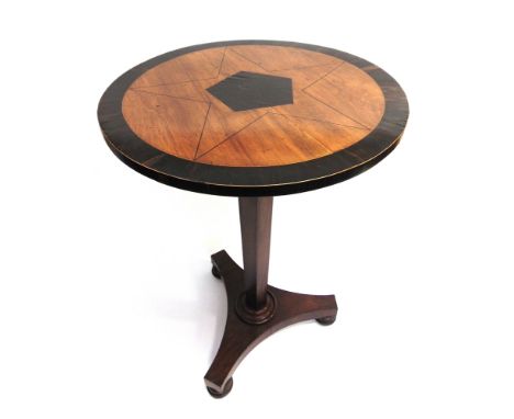 A PEDESTAL OCCASIONAL TABLE  the circular top inlaid with pentagon and five pointed star within amboyna border, 53cm diameter