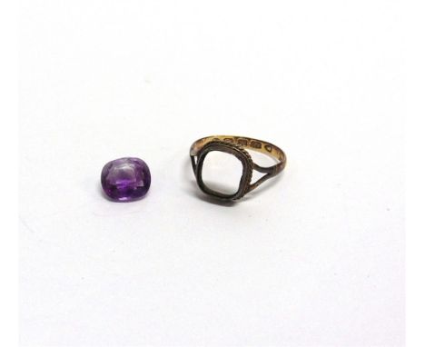 A CUSHION-CUT AMETHYST SINGLE STONE MOUNT  later adapted and set on a Victorian 22ct gold wedding band, size K+, 1.6g gross 