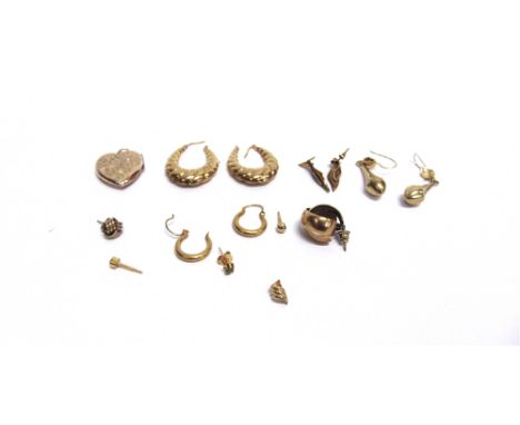 FIVE PAIRS OF GOLD AND YELLOW METAL EARRINGS to include a pair of 9ct gold open drop-shaped spiral-fluted hoops; a pair of sm