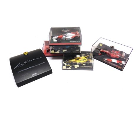 SIX 1/43 SCALE DIECAST FORMULA 1 RACING CARS  by Minichamps (4), Hot Wheels (1) and Minibri (1), each mint or near mint and b