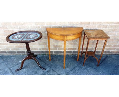 THREE OCCASIONAL TABLES:  a satinwood demi-lune table 68cm wide; a fruitwood occasional table with square top 37cm x 37cm; an