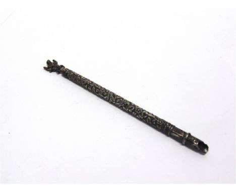 AN INDIAN METALWARE DIP PEN the foliate embossed body to a finial of Vishnu, 16.8cm long