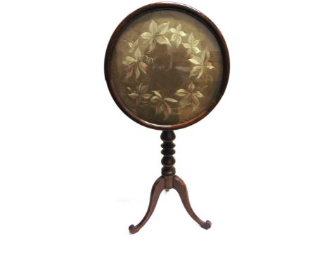 A TRIPOD OCCASIONAL TABLE  the circular tilt top with needlework panel