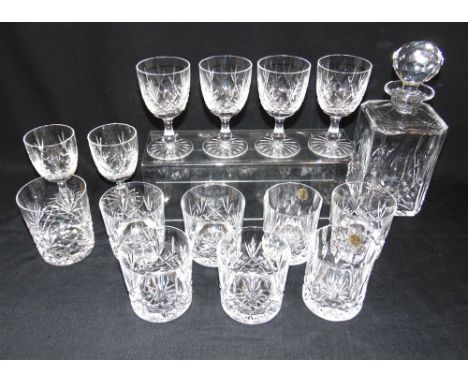 A GROUP OF ASSORTED GLASSWARE  comprising decanter and stopper, set of six wine glasses and eight various whiskey tumblers