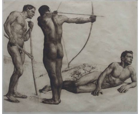 Erich Wolfsfeld (German, 1884-1956),   "Three Archers", etching, plate size 65 x 79cm.; 25.75 x 31.25in.     * In 1911 the ar