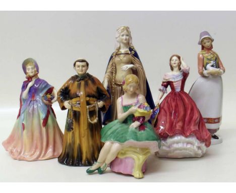 Coalport Norman period lady, Goebel Gitte and three Paragon figures and one Arcadian figure. Condition report: see terms and 