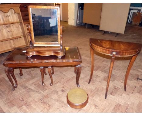 Victorian footstool, swing frame toilet mirror, mahogany hall table and nest of three tables. Condition report: see terms and