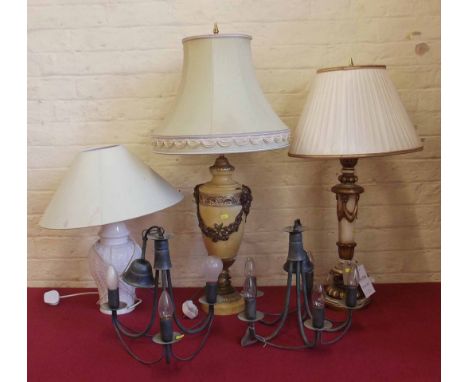 Two modern gilt decorated table lamps, ceramic lamp and two modern centre lights. Condition report: see terms and conditions