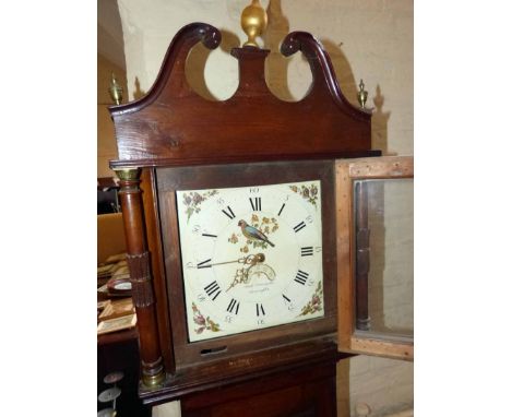 30 hour oak and crossbanded longcase clock with painted dial decorated with flowers and Jay by Rich Larcombe, Axminster. Cond
