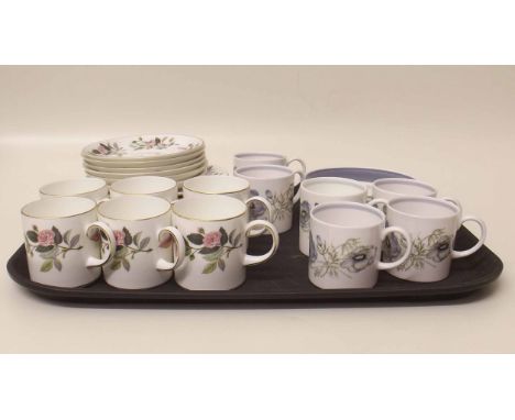 Wedgwood Susie Cooper Glen Mist six coffee cans and saucers, also six Hathaway rose coffee cans, saucers and side plates. Con