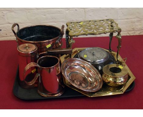Oak aneroid barometer, pierced brass trivet, copper pail, copper coffee pot etc. Condition report: see terms and conditions