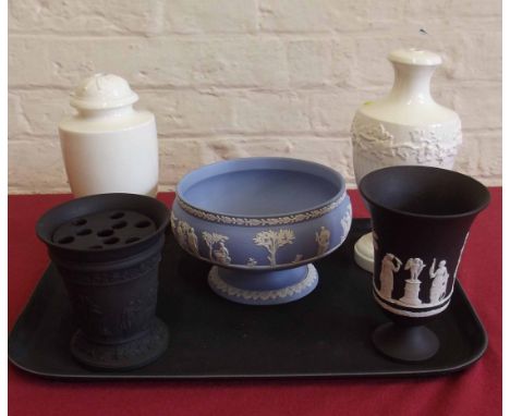 Wedgwood black basalt vase, a Jasper vase and bowl and two lamp bases. Condition report: see terms and conditions