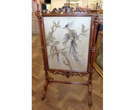 Victorian walnut and silk work firescreen. Condition report: see terms and conditions