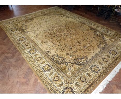 Woollen Belgian fringed carpet, approximately 9' x 12' by Louis De Poortiere. Condition report: see terms and conditions