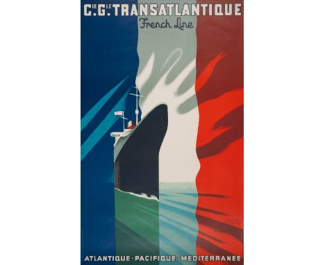 Paul Colin (1892-1985) Cie. Gle. Transatlantique French Line. Atlantique - Pacifique - Méditerranée Lithograph printed in col