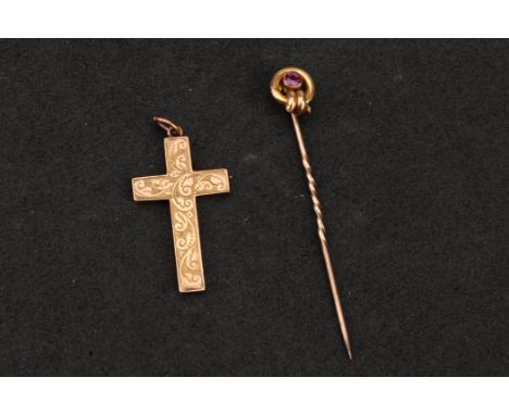 A 9 ct Gold Ruby Stick Pin, set in knotwork mount, together a 9 ct gold cross with brightcut acanthus decoration, 2.3 g gross