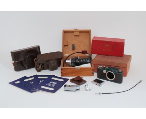 A Selection of Leica Camera Accessories, including a green painted Leica III body, Leica Meter MR cable release and more (a l
