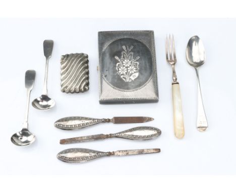 A Collection of Silver and White Metal Items, including a piar of small George IV silver sauce spoons by William Chawner, a W