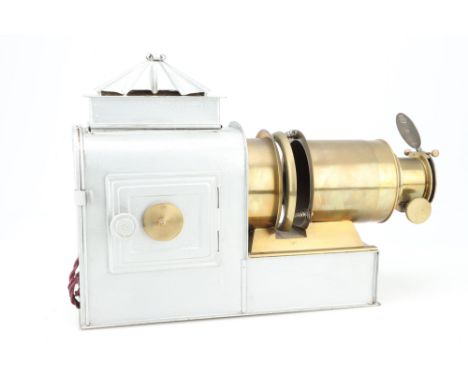 A Tinplate Magic Lantern, silver &amp; brass, London made, reg no's 519324 &amp; 230577, 6" brass lens marked U.W. lantern co