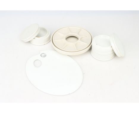 An Artist's Palette, c.1900, ceramic, Reeves &amp; Sons Ltd London, 23cm, with another, bowl and tray with eight compartments