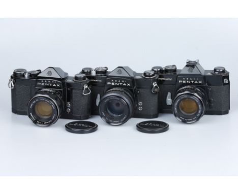 Three Black Pentax 35mm SLR Cameras, to include a Pentax S1a, body G-VG, shutter working but sticks on the second curtain, re