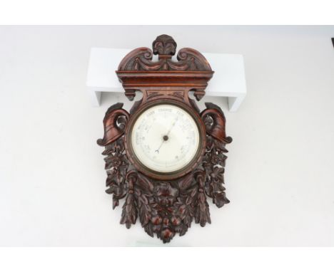 Victorian Carved Oak Wall Borometer, English, c.1880, unsigned, French polished heavily carded oak surround, barometer with b