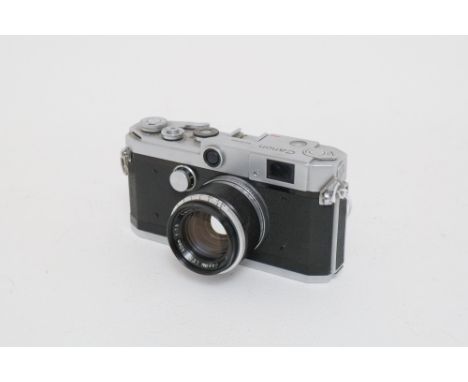 A Canon Model L3 Rangefinder Camera, chrome, with Canon f/1.8 50mm lens, body, G, shutter working, lens, G, some light intern