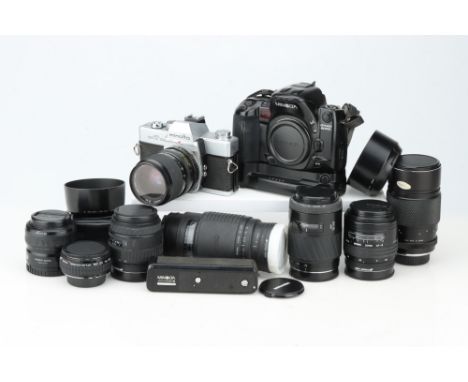 A Selection of Minolta 35mm Cameras &amp; Mixed Lenses, including a Minolta Dynax 800si with battery grip, a Minolta SRT101b,