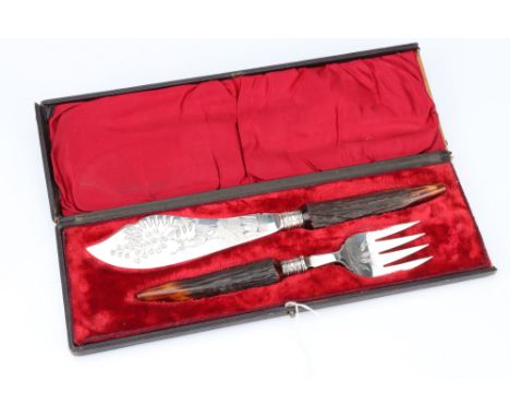 A Set of George V Antler Handled Fish Servers, marked with anchor mark and rW&amp;L though lacking lion passant, presented in