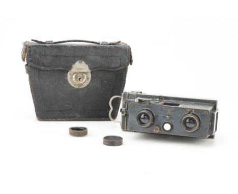 A Juels Richard Verascope Stereo Camera, grey, body G, shutter working, in maker's carry case,