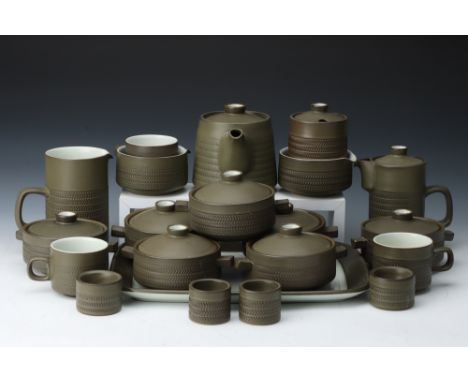 A Denby Chevron Part Dinner Service, including dinner plates, side plates, soup bowls, sauce boats, serving bowls, tea cups &