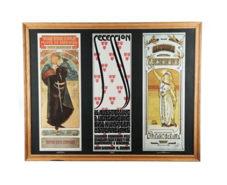 Four Framed Triptych Reproduction Advertising Posters, in the Art Nouveau and Vienna Secessionist styles after artists such a