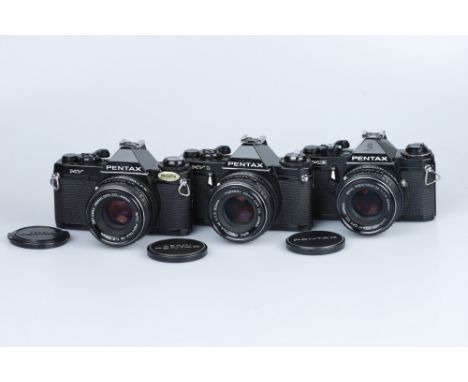 Three Black Pentax M Series 35mm SLR Cameras, to include a Pentax MV, a Pentax MV 1, &amp; a Pentax ME, all shutters working 