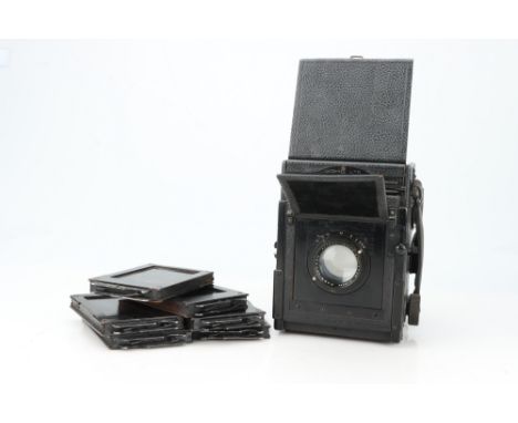 A Soho Reflex Large Format SLR Camera, black, body F-VG, focal-plane shutter not working, waist level finder shroud is detach