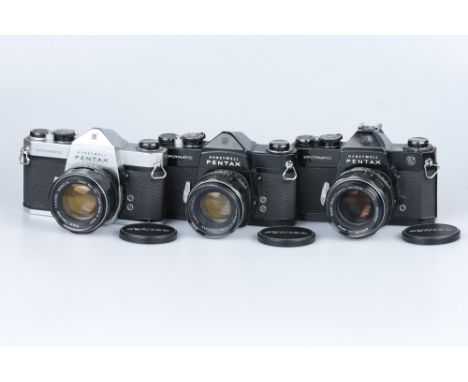 Three Honeywell Pentax 35mm SLR Cameras, to include a Black Spotamtic SPIIa, a Black Spotmatic, &amp; a Chrome Spotmatic, all