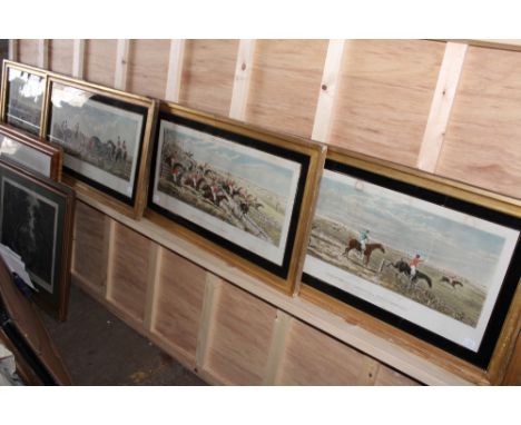 AFTER JOHN DEAN PAUL. FOUR LEICESTERSHIRE HUNTING SCENES. HAND COLOURED ENGRAVINGS, EGLOMISE MOUNTS AND GILT FRAMES.