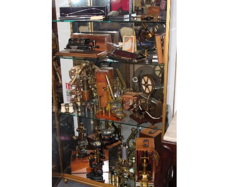 A SINGLE OWNER COLLECTION OF SCIENTIFIC APPERATUS TO INCLUDE FIVE LATE 19TH/EARLY 20TH CENTURY MICROSCOPES, A RARE 19TH C.CLO