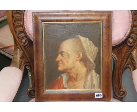 18TH/19TH CENTURY FRENCH SCHOOL. PORTRAIT OF VOLTAIRE. OIL ON PAPER LAID DOWN. 28 X 23CM.