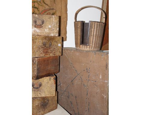 A VINTAGE WICKER PLATE BUCKET, VARIOUS PINE DRAWERS,ETC