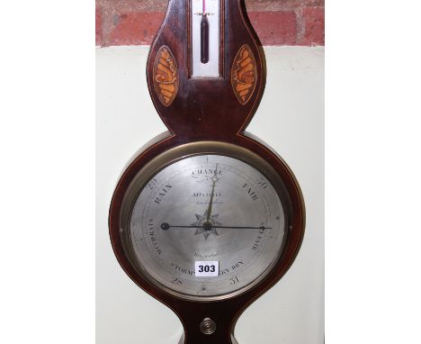 A REGENCY MAHOGANY AND INLAID FOUR GLASS BAROMETER SIGNED A ORTELLI