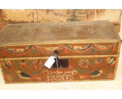A 19TH C. CONTINENTAL DOME TOP TRUNK WITH FLORAL AND BIRD DECORATION