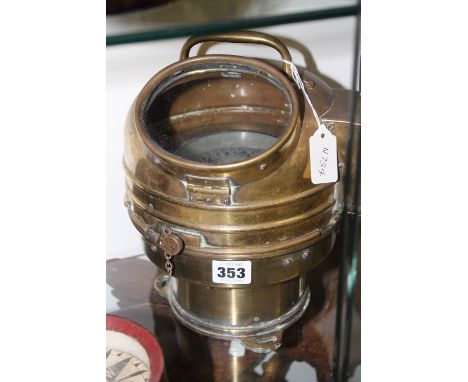 A 19TH.C.BRASS CASED GIMBALLED SHIP'S COMPASS WITH VIEWER AND SIDE LIGHT FITTING